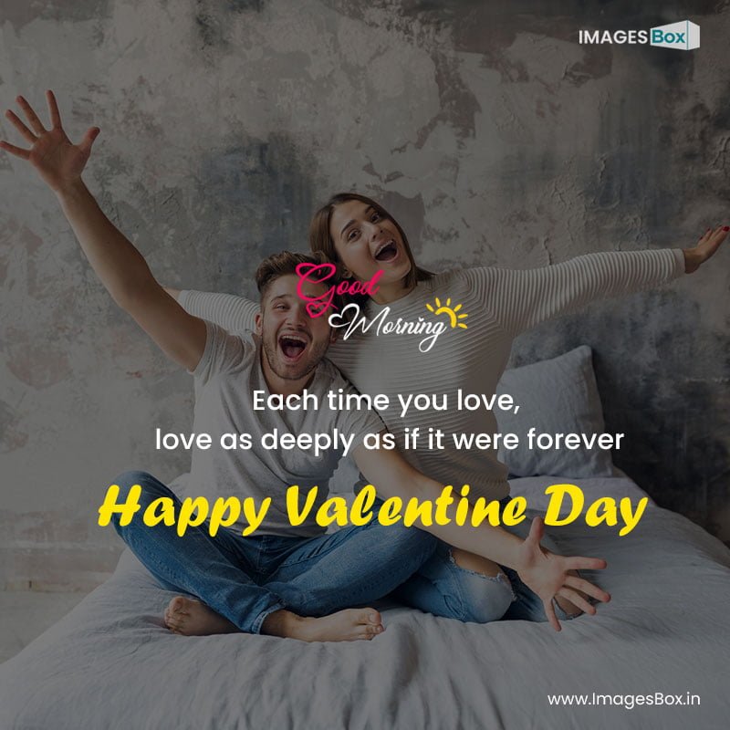 Valentines day good morning - young smiling couple sitting bed home casual outfit man woman having fun 2023