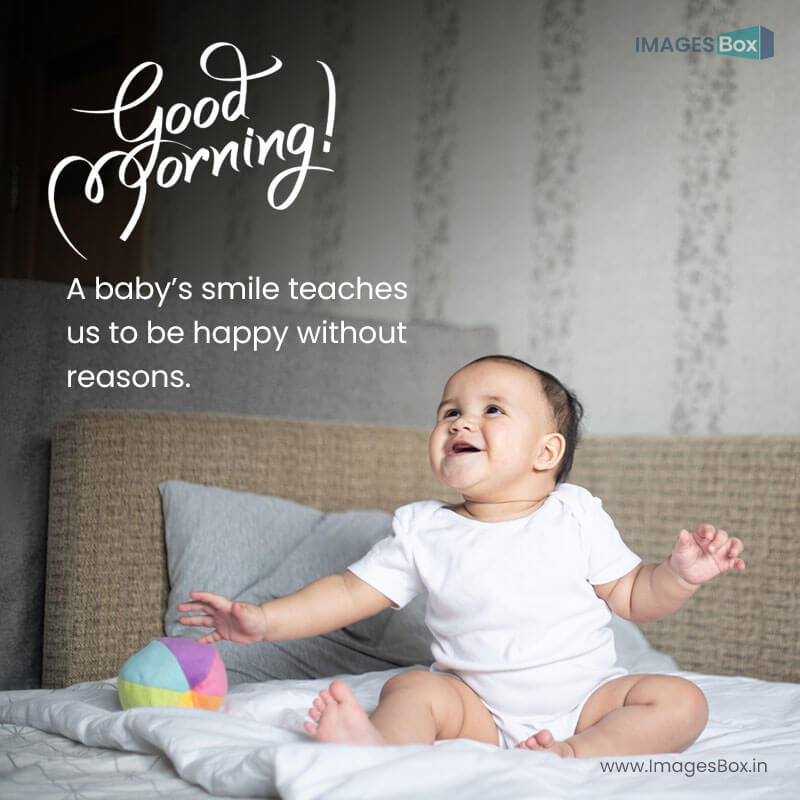 Good morning baby - cheerful small baby playing bed against wall lights room 2023