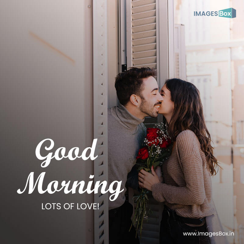 Good morning couple - woman with bouquet kissing man 2023
