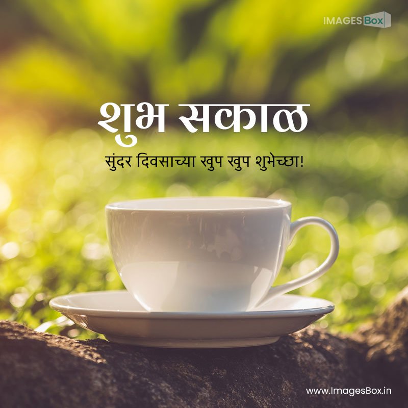 Good morning marathi - close up white coffee cup garden morning time 2023