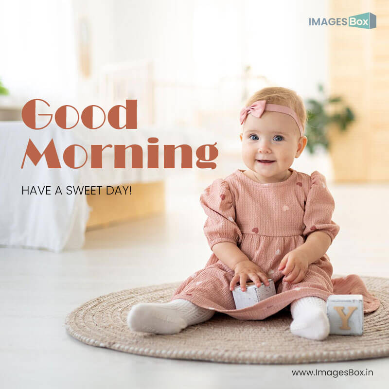 Good morning baby - cute little healthy girl up year old pink dress made natural fabric is sitting rug living room house playing with wooden cubes development chi 2023