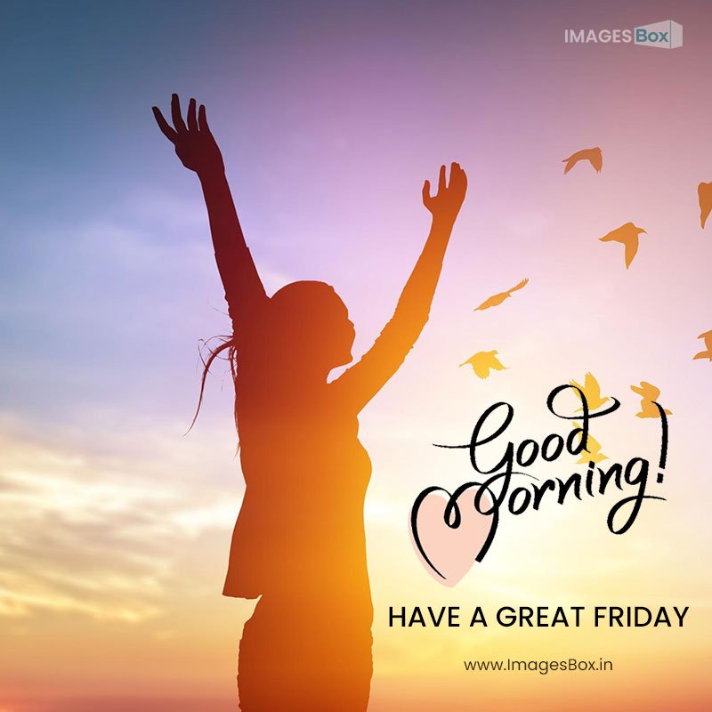 Friday good morning-happy woman rise hand birds sky background 2023