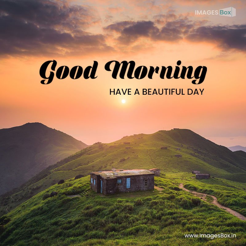 Good morning village-small house built peaceful green hill high up mountains 2023