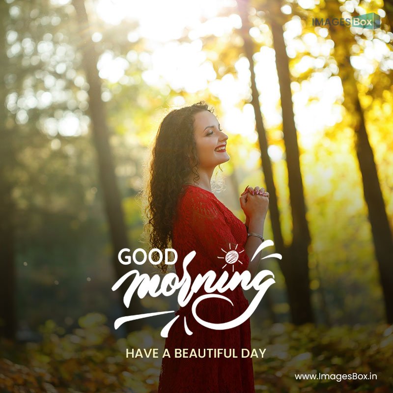 Nature good morning-girl with curls red dress autumn forest 2023