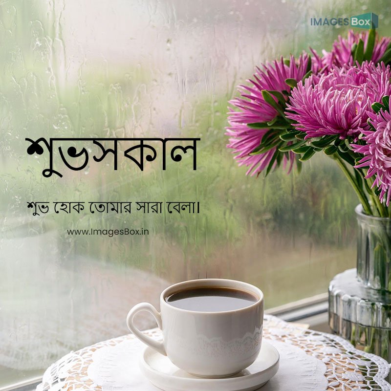 good morning bengali-cup coffee flowers vase standing rainy window 2023