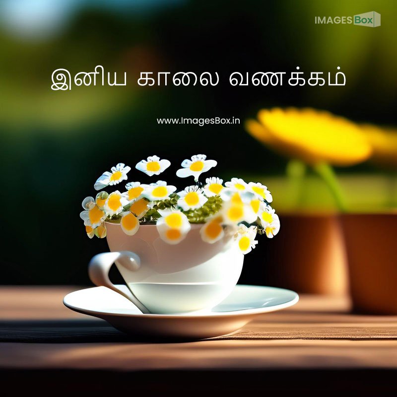 good morning tamil-cup daisies sits wooden table with flower pot background 2023