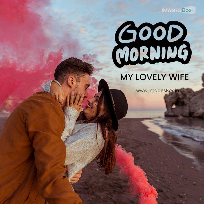 good morning wife-man hugging woman with smoke bomb sea shore 2023