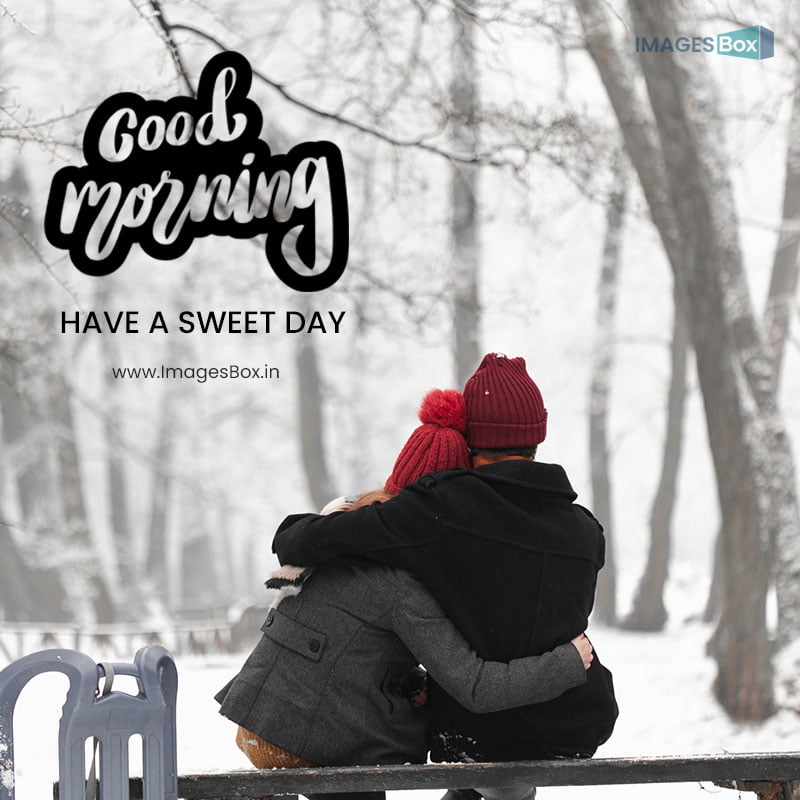 good morning winter-lovely couple sitting bench hugging 2023