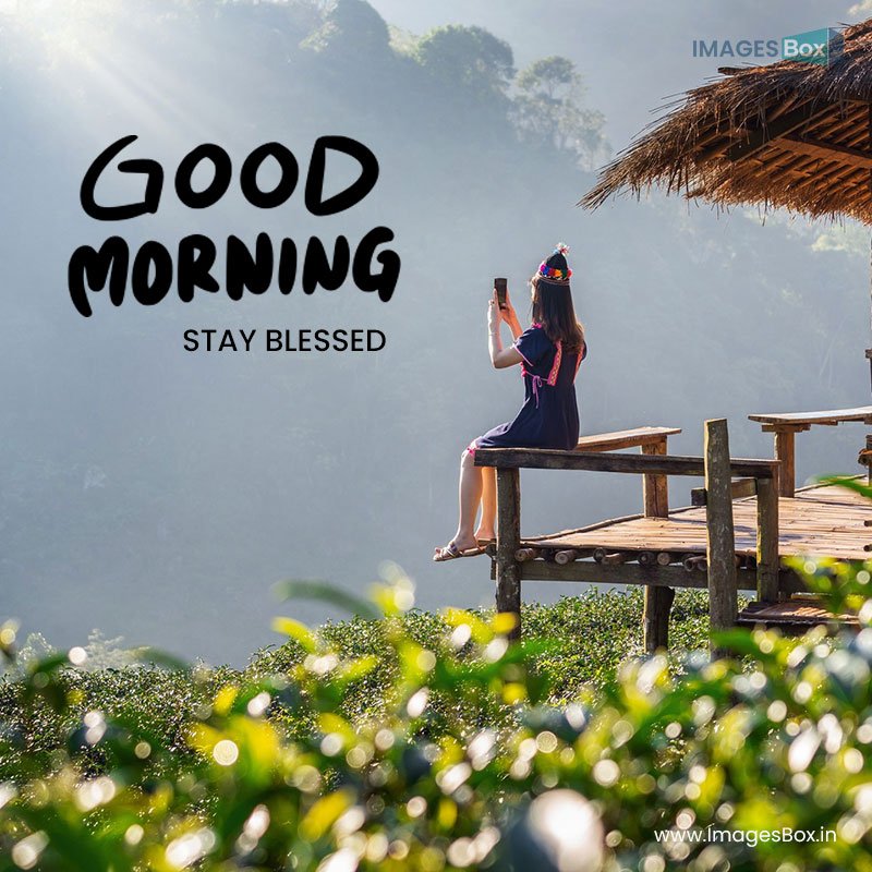 woman wearing hill tribe dress sitting hut green tea field-Green Good Morning 2023