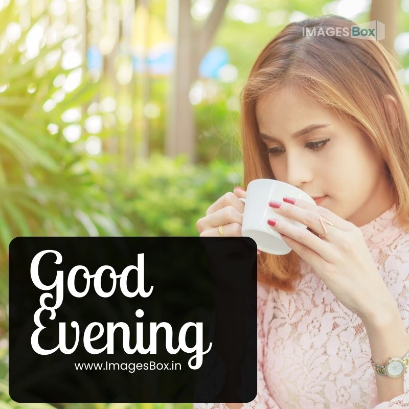 Young Woman Drinking Coffee While good evening photo